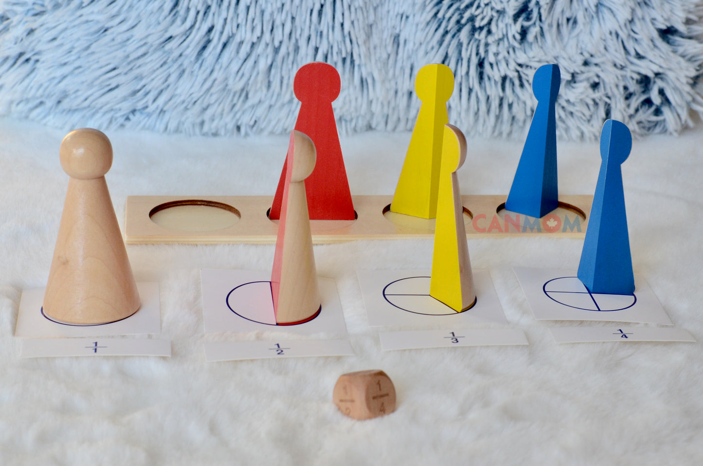 Montessori learn fraction math toy. Fraction skittles with wooden natural dice / math busy bag / gift for children / math game