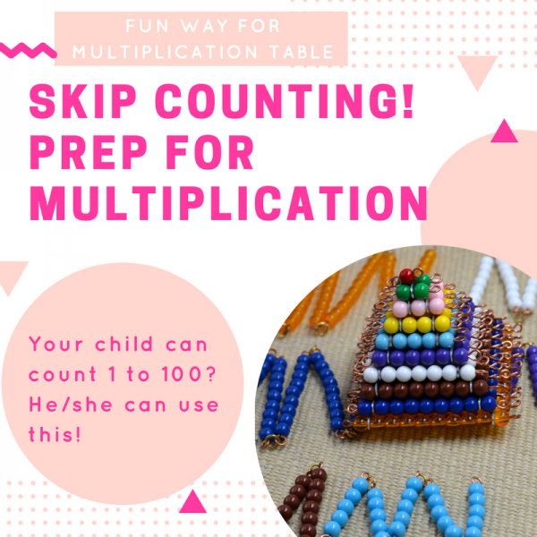 Montessori short bead chains and squares -  skip counting and preparation of multiplication