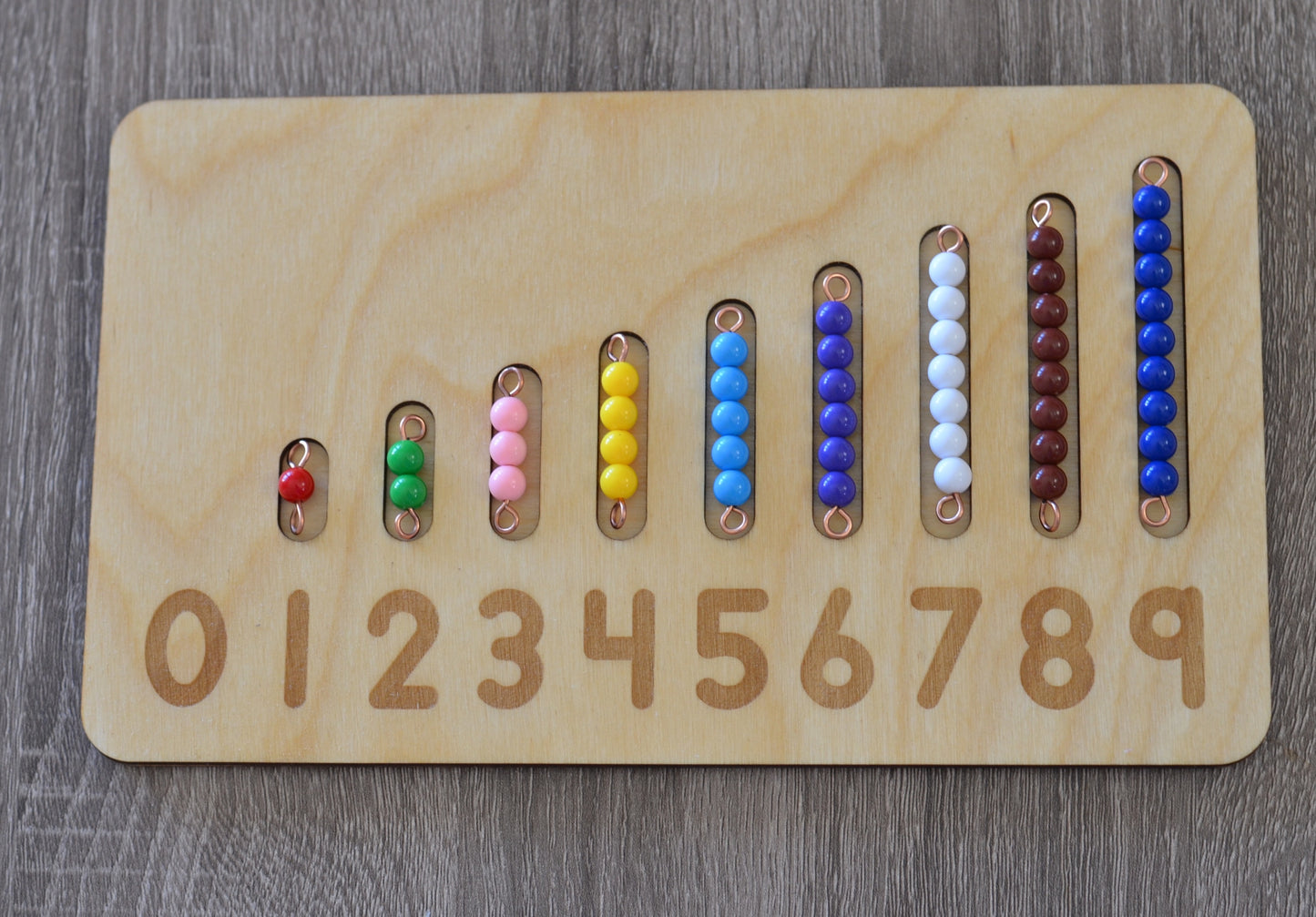 Montessori learning numbers 0-9 bead bars and number board