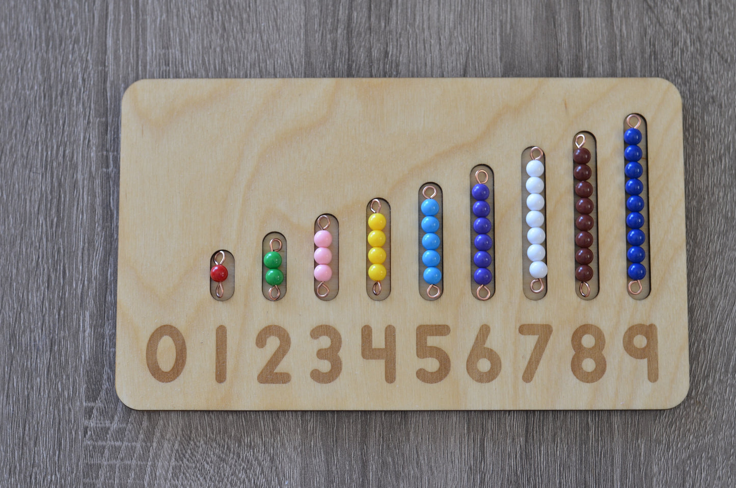 Montessori learning numbers 0-9 bead bars and number board