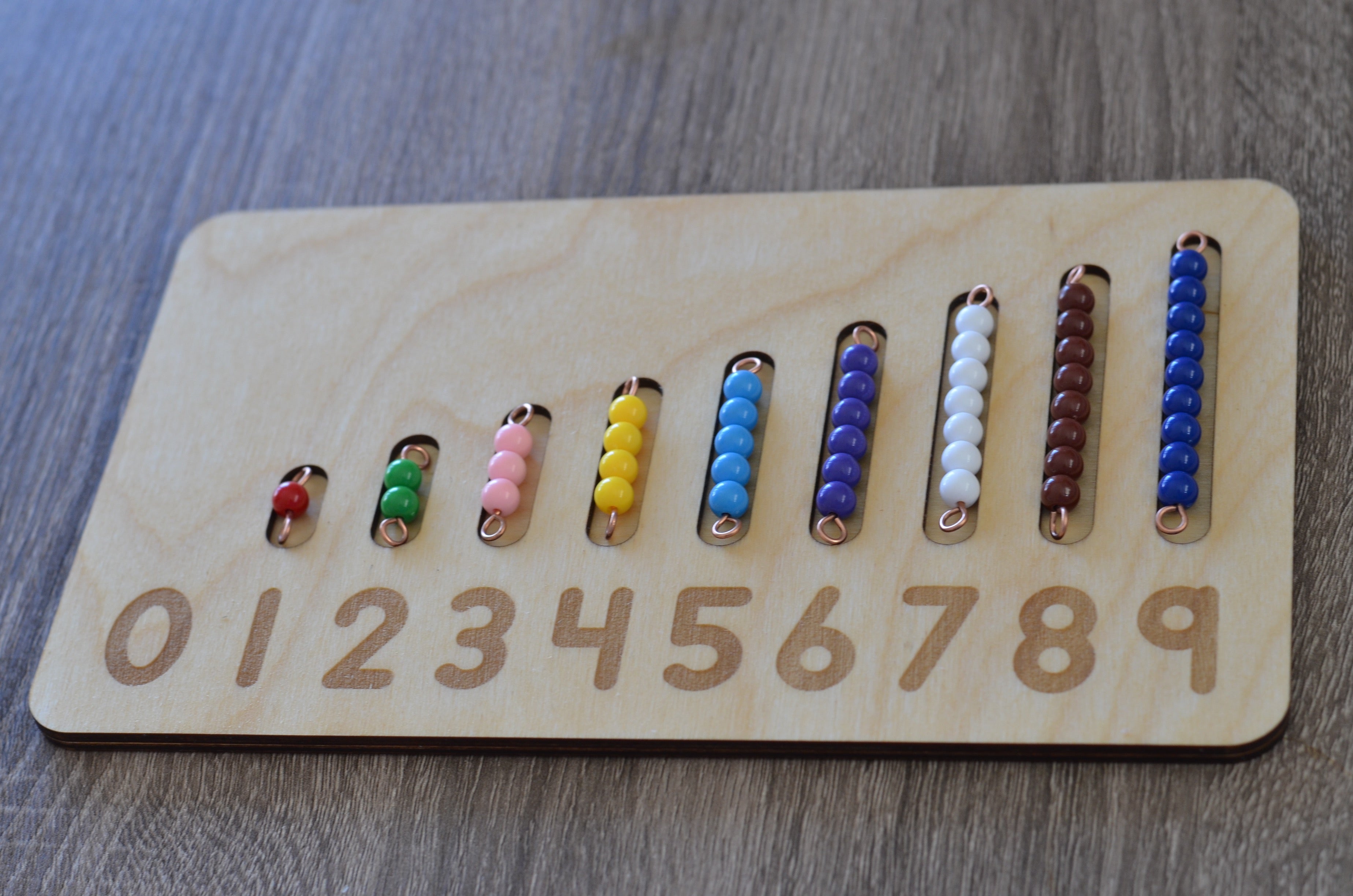 Montessori learning numbers 0-9 bead bars and number board