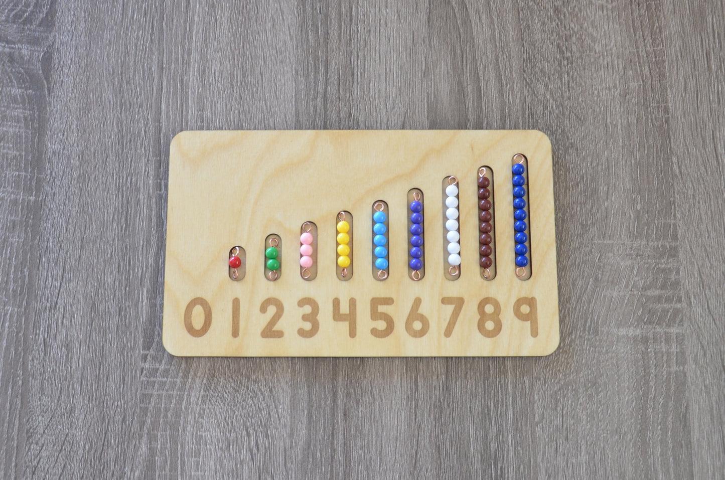 Montessori learning numbers 0-9 bead bars and number board