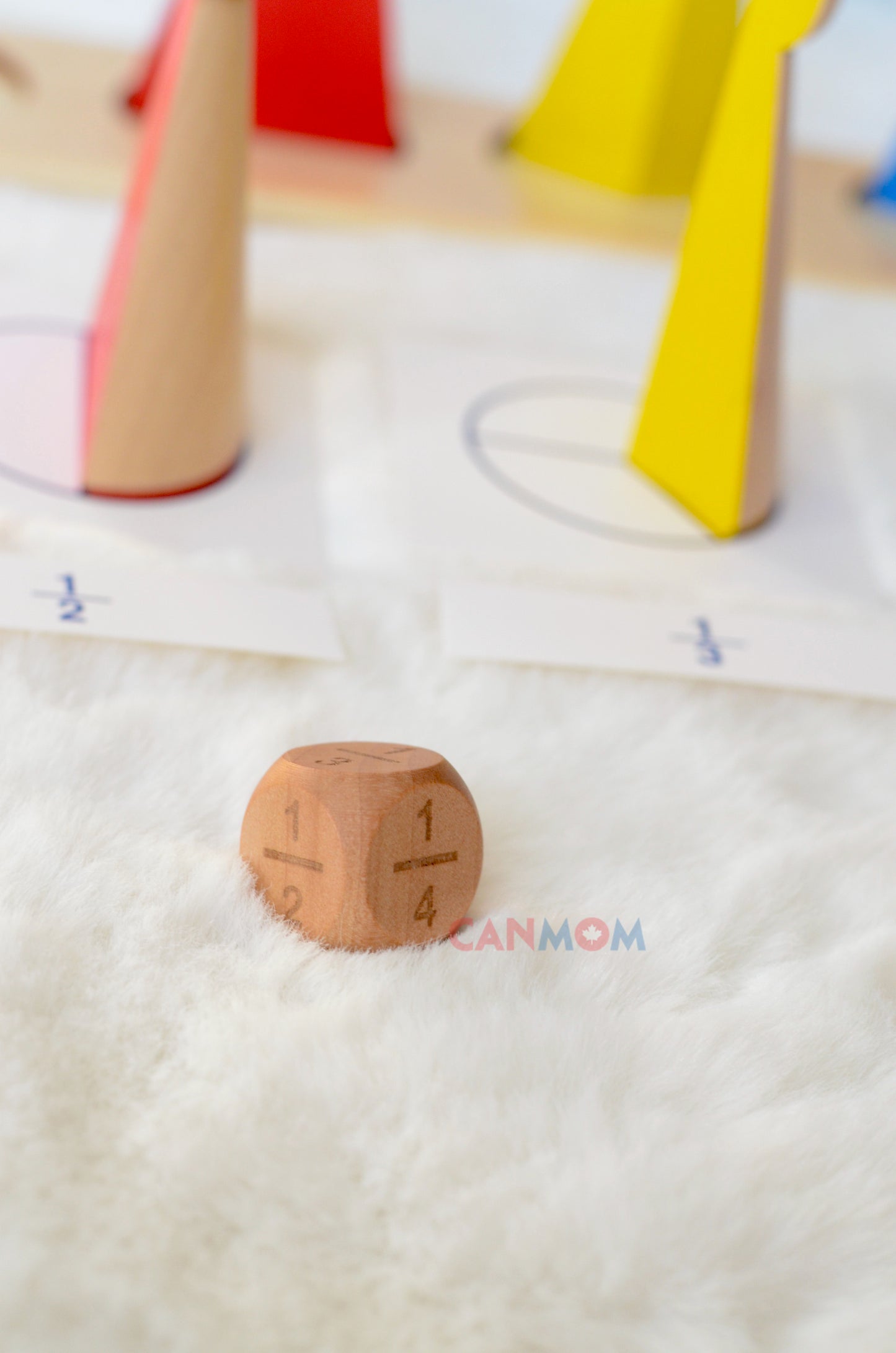 Montessori learn fraction math toy. Fraction skittles with wooden natural dice / math busy bag / gift for children / math game