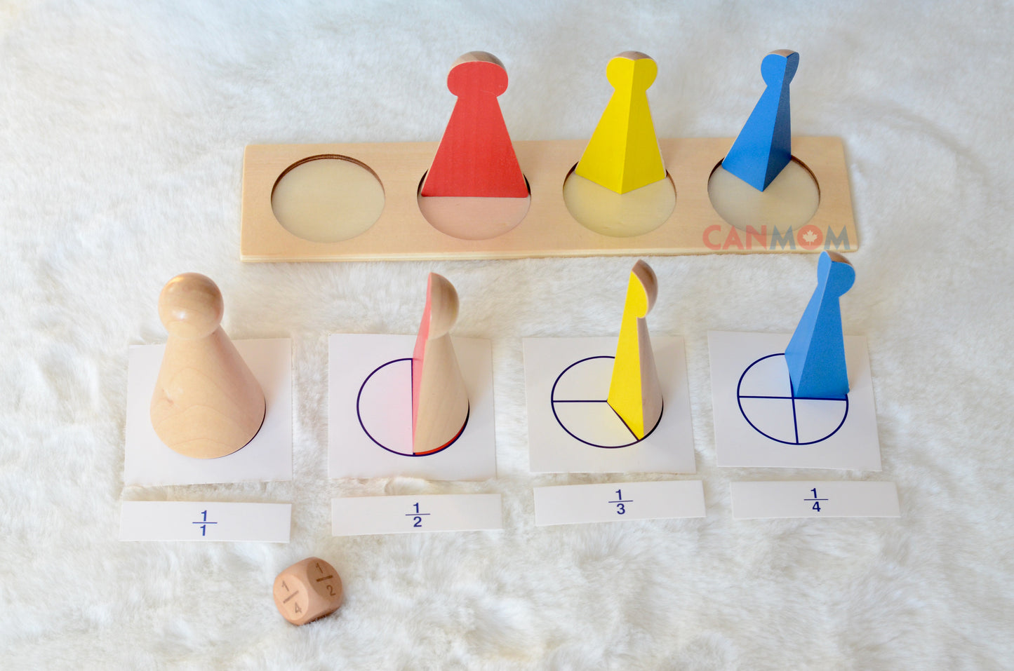 Montessori learn fraction math toy. Fraction skittles with wooden natural dice / math busy bag / gift for children / math game