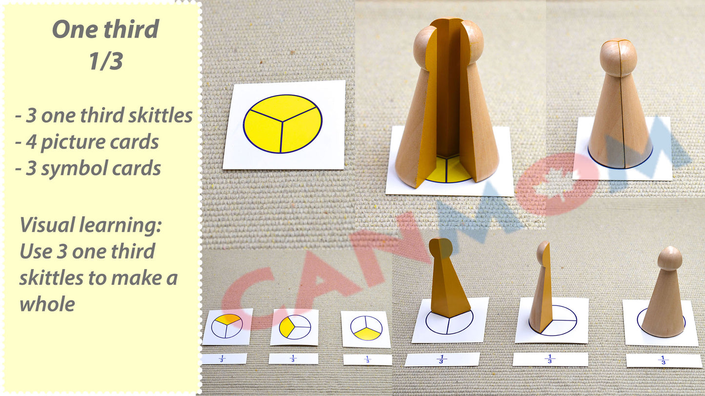 Montessori learn fraction math toy. Fraction skittles with wooden natural dice / math busy bag / gift for children / math game