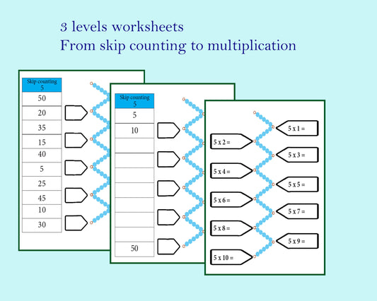 Math skip counting worksheet bundle / Montessori math worksheet / multiplication table practice / times table