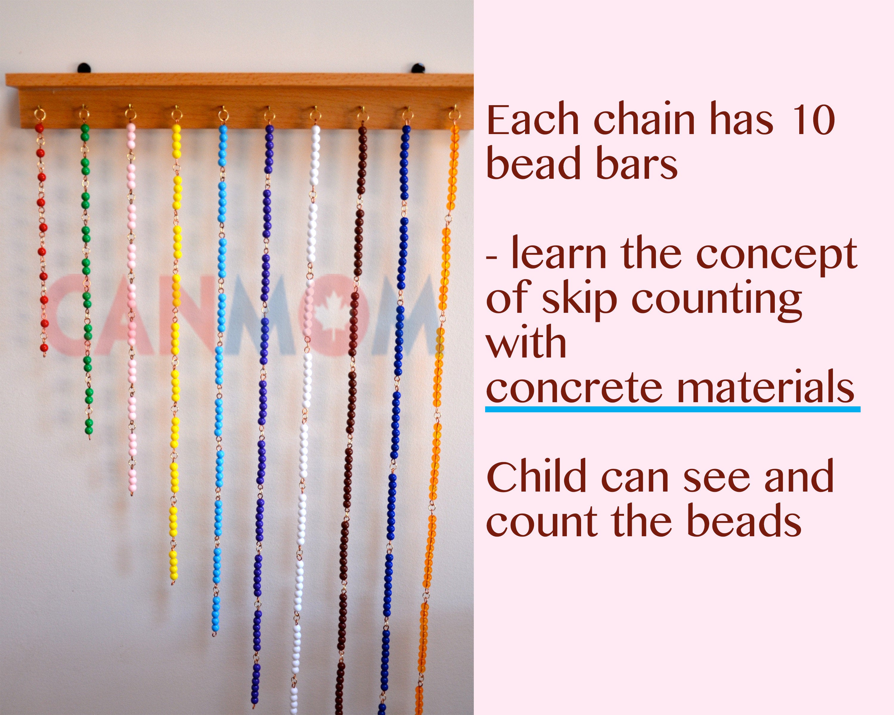 Montessori Multiplication toy / times table bead chains with wooden tags
