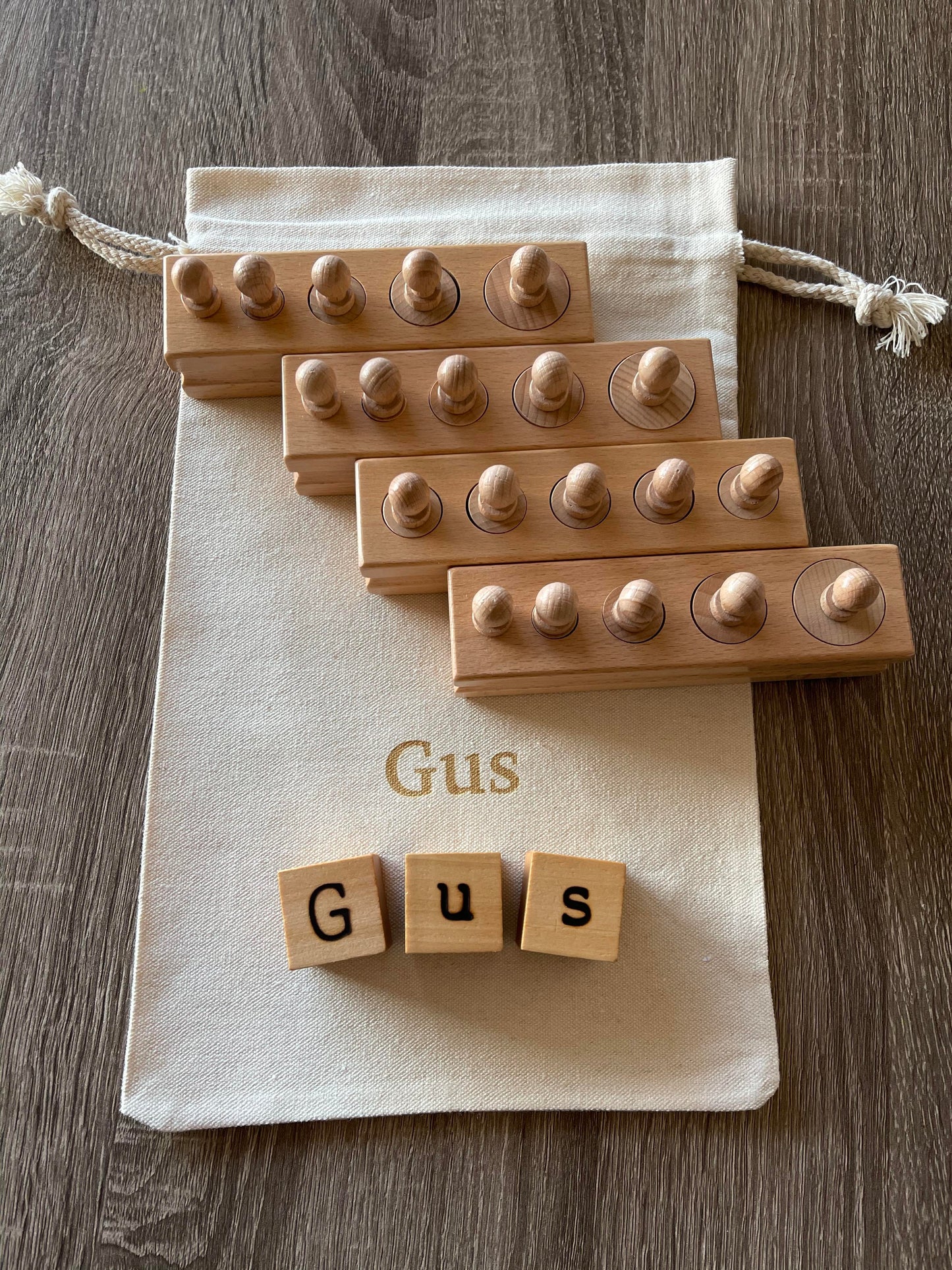 Personalized Montessori wooden toy / Montessori Knobbed cylinder block and all natural wooden name blocks / Preschooler learning puzzle