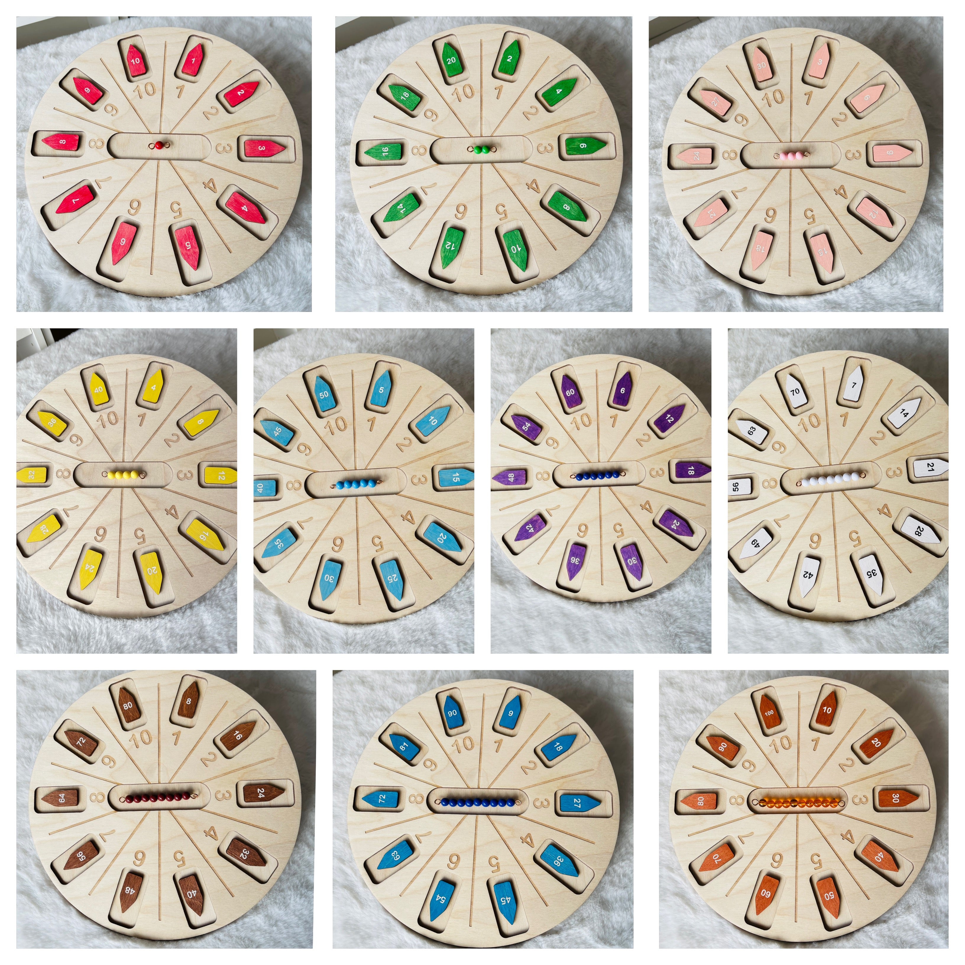Montessori Multiplication wheel / times table bead chains with wooden tags